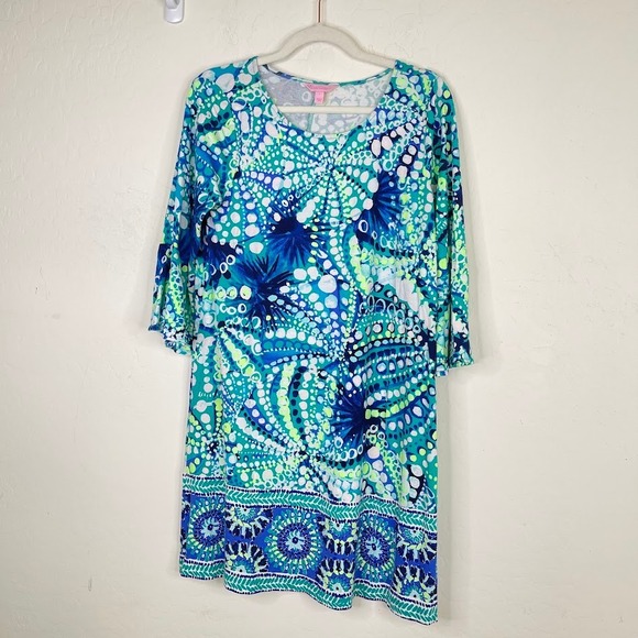 Lilly Pulitzer Hayes Bell Sleeve‎ Shift Dress Geometric Artsy Resort Blue Large - Picture 2 of 12